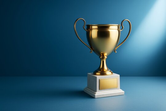 Golden trophy cup on marble base against blue background under spotlight symbolizing success and achievement in creative business concept.