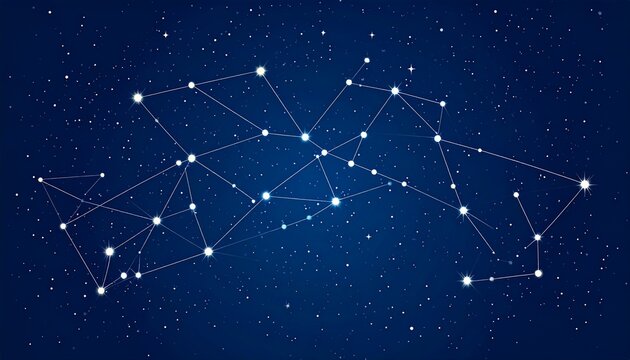 Abstract constellation forming a digital network of interconnected nodes against a starry night sky. Technology and data communication concept.