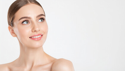 Headshot portrait of an elegant woman looking up while thinking in an isolated white background.