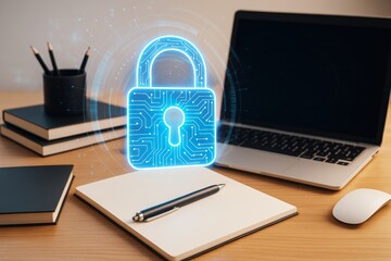Digital padlock hologram over office desk with laptop and stationery symbolizing cybersecurity and data protection in business environment concept.