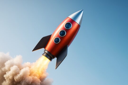 Colorful cartoon-style rocket launching with bright flame trail and smoke on a light blue sky background, symbolizing business startup success.