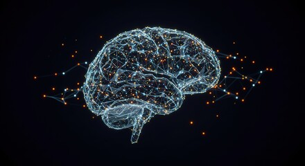 Digital brain illustration with glowing connections against a dark background.