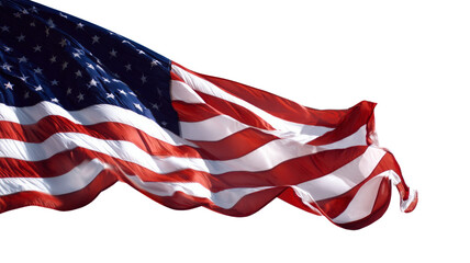 A large American flag is blowing in the wind