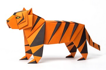 A geometric orange tiger with black stripes stands against a white background