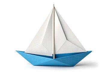 A single origami sailboat in light blue and white stands tall on a plain surface