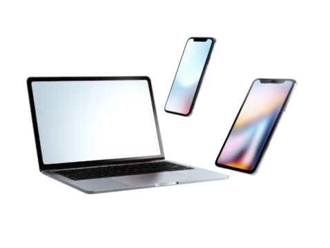 Three cell phones and a laptop are shown in the air