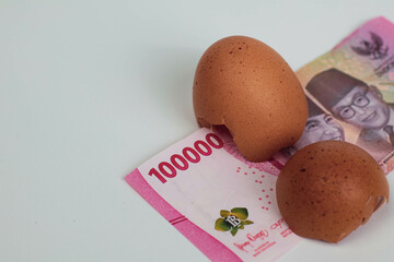 Cracked Egg with Indonesian Rupiah – Concept of Food Inflation and Rising Living Costs