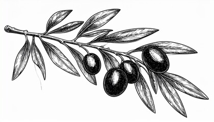 Detailed illustration of an olive branch with ripe olives and leaves, rendered in a black and white, vintage style.
