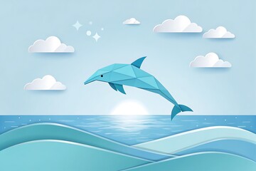 Obraz premium Geometric dolphin leaps over ocean waves beneath fluffy white clouds under a shining sun
