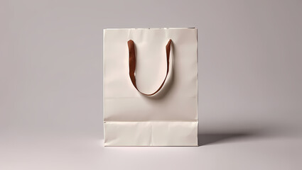 Clean Empty White Paper Shopping Bag with Gold-Colored Handles on a Neutral Grey Background, Ideal for Retail Branding, Gifts, and Product Packaging Mockups.