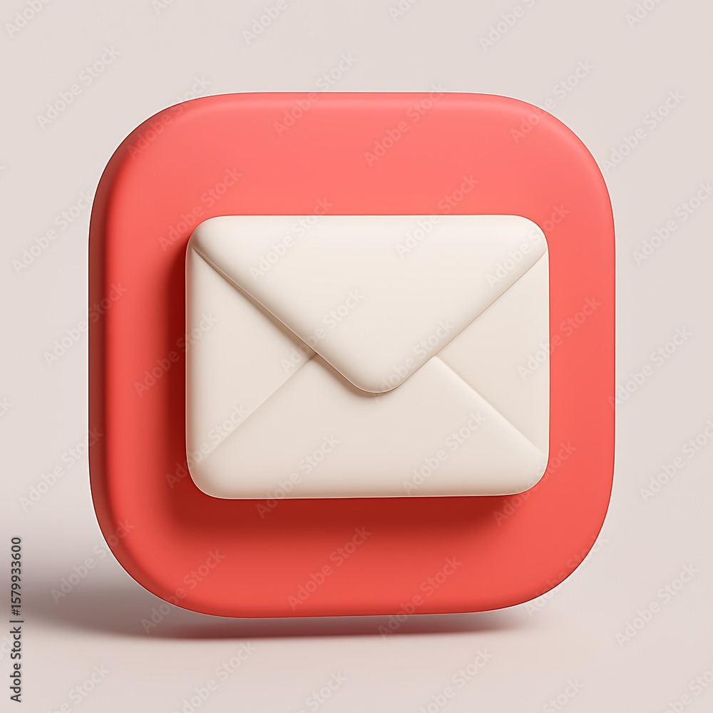 Poster 3d rendered cream envelope icon on a red rounded square isolated on white background
