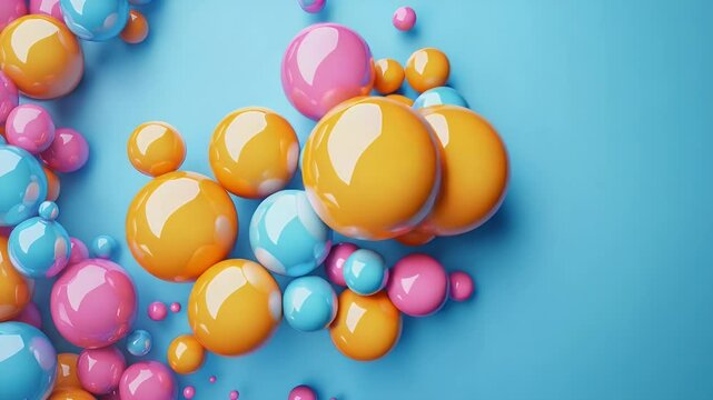 Colorful, glossy spheres in varying sizes and shades of pink, orange, and blue on a light-blue background