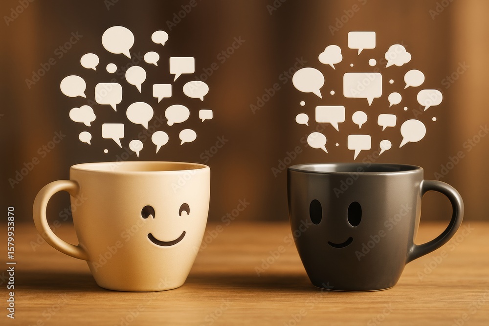 Poster smiling coffee cups with speech bubbles above them on a wooden surface with warm abstract background