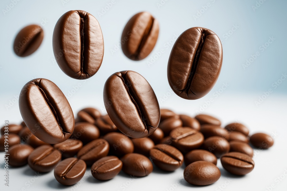 Aufkleber close-up of flying roasted coffee beans on soft light background with smooth depth effect and abstra