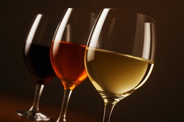 Close-up of three wine glasses with red, rose, and white drinks in soft light on dark background showcasing elegant drink arrangement concept.