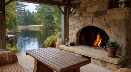 Rustic outdoor fireplace stone wall wooden table lakeside view cozy seating autumn trees peaceful nature retreat
