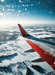 Airplane wing over snowy landscape on a bright winter day