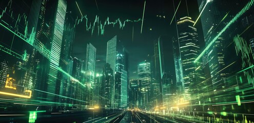 Futuristic cityscape at night with glowing green lines and financial data overlays