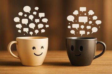 Smiling coffee cups with speech bubbles above them on a wooden surface with warm abstract background in friendly communication concept.