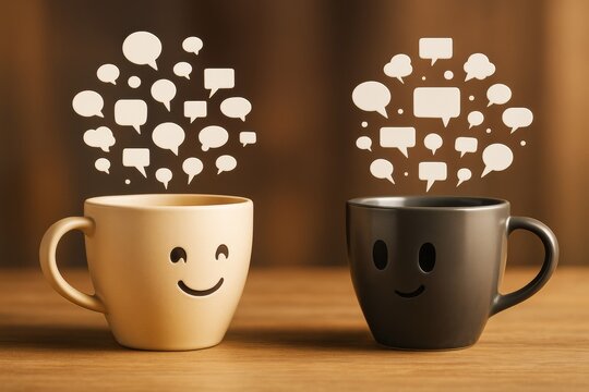 Smiling coffee cups with speech bubbles above them on a wooden surface with warm abstract background in friendly communication concept.