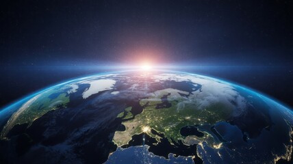 Fototapeta premium Radiant sunrise view of the earth from space revealing continents and city lights under a starry sky