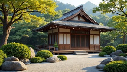 A serene Japanese pavilion nestled amidst lush greenery, rocks, and trees, bathed in sunlight.