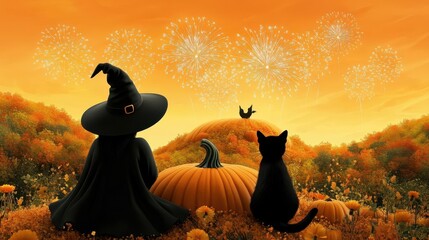 Cartoon witch and black cat watching fireworks from a pumpkin hill in 3D