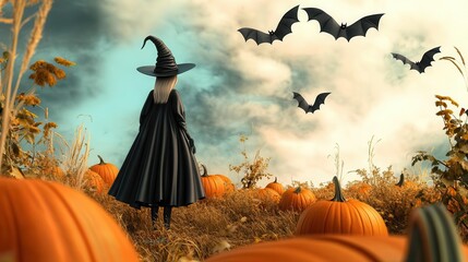 Cartoon witch in 3D standing in a pumpkin field with bats flying overhead