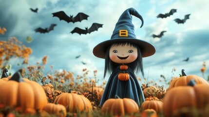 Cartoon witch in 3D standing in a pumpkin field with bats flying overhead