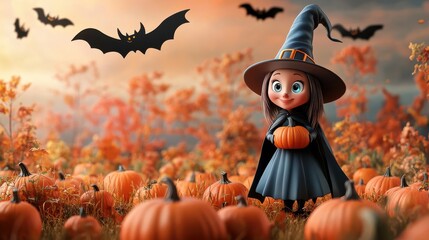 Cartoon witch in 3D standing in a pumpkin field with bats flying overhead