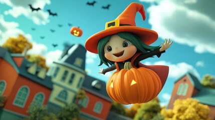 Cartoon witch with a pumpkin hat flying above a spooky town in 3D