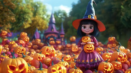 Cartoon witch posing with her jacko lantern army in a 3D fantasy land