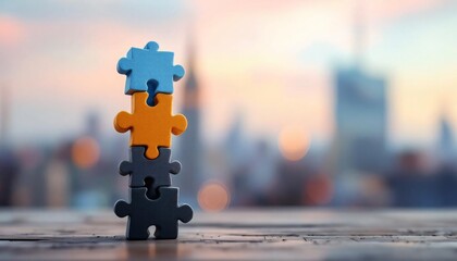 Stacked Jigsaw Puzzle Pieces on Wooden Surface City Background Teamwork Concept