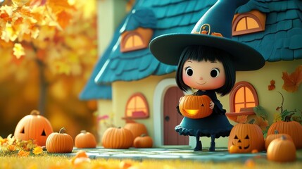 Cartoonstyle 3D witch using pumpkin magic to decorate her house