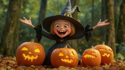 Cheerful cartoon witch playing with animated pumpkins in a forest