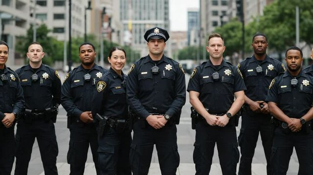 A diverse group of male and female police officers in uniform standing together. Law enforcement team posing for a portrait on a city street.