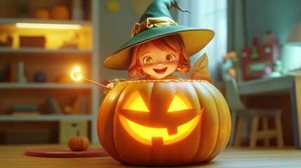 Cute 3D witch carving a giant magical pumpkin with a glowing wand