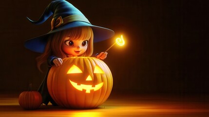 Cute 3D witch carving a giant magical pumpkin with a glowing wand