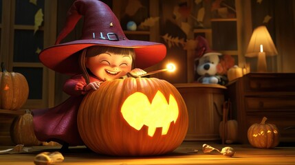 Cute 3D witch carving a giant magical pumpkin with a glowing wand