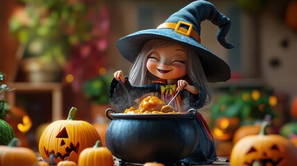 Cute 3D witch cooking pumpkin stew in a bubbling cauldron