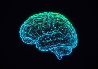 Digital brain illustration with blue and green hues against a black background.
