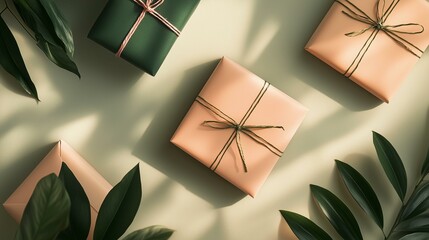 Rounded Corner Gift Card Mockup with Green and Peach Cards and Leaves