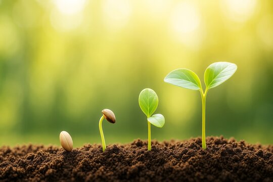 Growth stages of a plant seedling emerging from soil under warm sunlight with natural green forest background, symbolizing nature and development process.