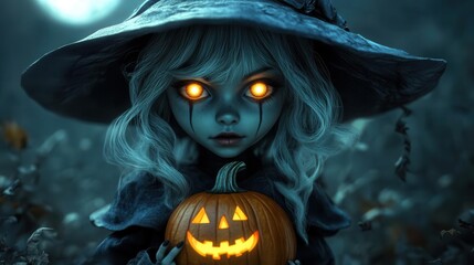 Young witch with glowing eyes holding a pumpkin under the moonlight in 3D