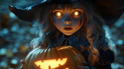 Young witch with glowing eyes holding a pumpkin under the moonlight in 3D