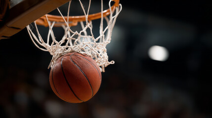 Fototapeta premium Basketball falling through basketball net during game with dark blurred background creating exciting sports moment