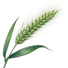Green wheat ears isolated on white background with focus on natural agricultural plant grain
