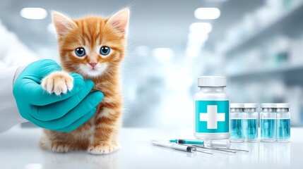 Cute Orange Kitten at the Veterinarian with Syringe and Vaccine