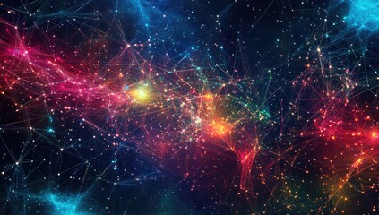 Fototapeta premium Abstract cosmic network of glowing, interconnected points and lines. Vibrant colors swirl against a deep black background