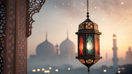 Obraz premium An old antique lantern illuminates the night sky, casting a warm light over a city street and a towering church building